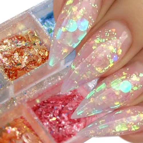 Miniatura 8 de Brillantina holográfica para uñas, 12 rejillas, ópalo con purpurina en polvo, dijes de uñas, piedras de sirena, lentejuelas iridiscentes, escamas