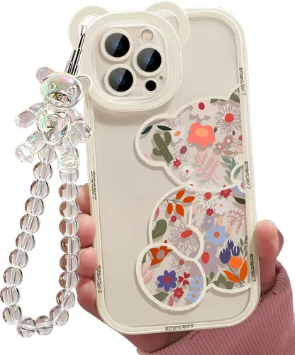 Funda compatible con iPhone 8 Plus, bonito protector de cámara con diseño de oso de flores transparentes con bonita correa y cadena para niñas y