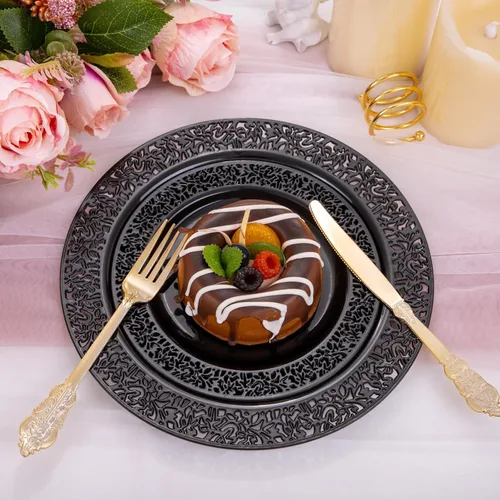 Miniatura 4 de U-QE 150 platos de plástico negro con cubiertos de plástico dorado, platos negros desechables para fiestas, incluyen 30 platos llanos de 10.25