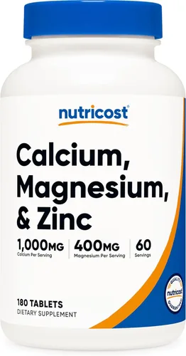 Nutricost Tabletas de calcio, magnesio y zinc de 1,415 mg, 180 tabletas – Suplemento de mezcla de vitaminas y minerales, 60 porciones – Sin gluten,
