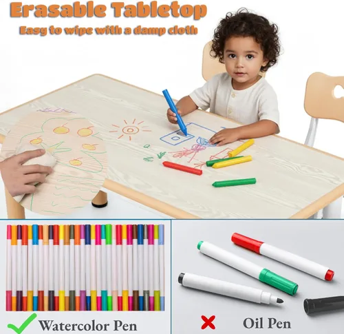 Miniatura 5 de Arlopu Mesa y 4 sillas para niños, juego de escritorio y sillas para niños pequeños de altura ajustable, patas antideslizantes, escritorio de Beige