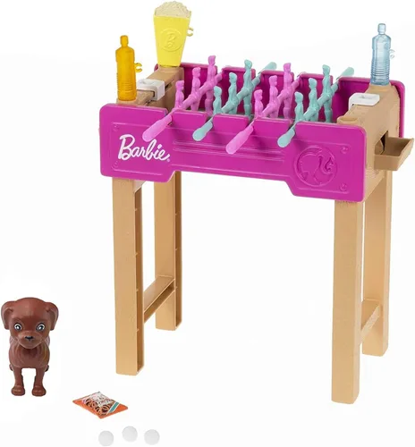 Barbie Mini juego con mascota, accesorios y mesa de futbolín de trabajo, tema de noche de juego, regalo para niños de 3 a 7 años