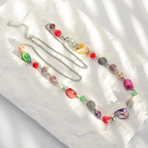 Miniatura 6 de FULU AUTUMN Collares largos de cuentas para mujer, collar de cadena de eslabones de plata con cuentas de cristal de concha, regalos de fiesta