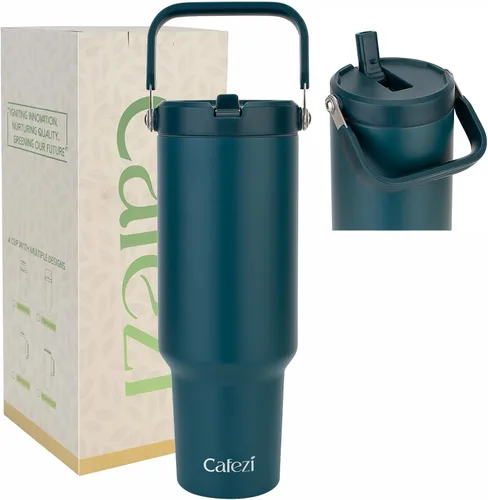 Miniatura 27 de Vaso de 30 onzas con tapa y pajita, vasos de acero inoxidable con aislamiento al vacío con pajita plegable y asa superior, botella de agua aislada