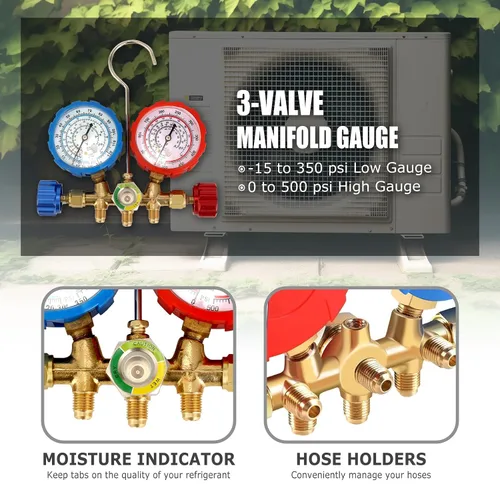 Miniatura 3 de Juego de manómetro de 3 vías de AC, compatible con refrigerantes R134A R12 R22 y R502, con manguera de 5 pies, adaptadores de tanque Acme