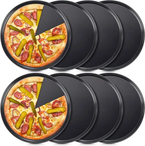 Miniatura 8 de Meanplan 8 piezas antiadherentes para hornear pizza, sartén redonda para horno, bandeja de horno de acero al carbono, para hornear pasteles