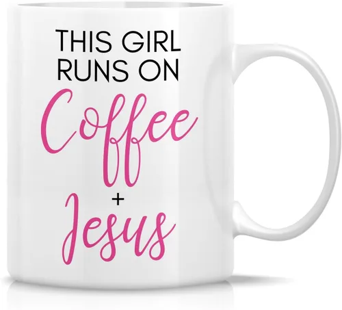 Retreez Taza divertida – This Girl Runs on Coffee + Jesus - Tazas de café de cerámica de 11 onzas – Divertido, sarcasmo, sarcástico, motivacional,