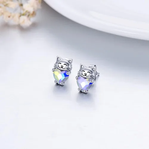 Miniatura 4 de Aretes de plata de ley 925 con diseño de gato, bonitos aretes de gato con diseño de gatito, joyería de regalo para mujeres y niñas, aretes