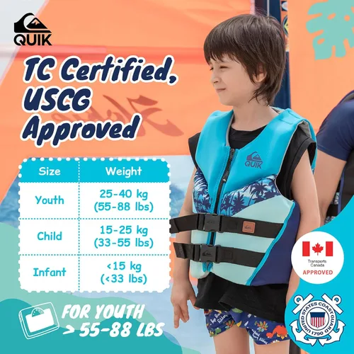 Miniatura 2 de QUIKSILVER Chaleco salvavidas juvenil para 55-88 libras, aprobado por USCG y Transport Canada PFD tipo III, evoprene nivel 70, ayuda de flotabilidad