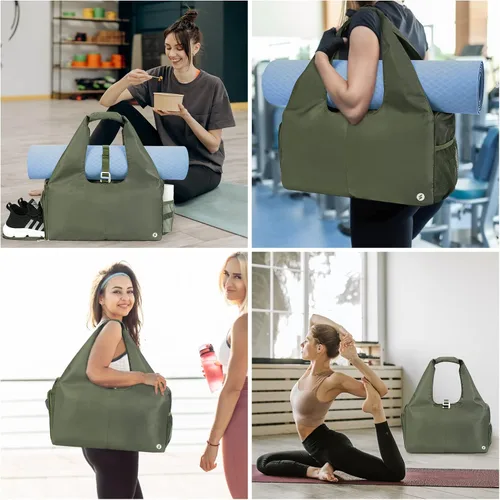 Miniatura 6 de Bolsa de gimnasio para mujer con compartimento para zapatos y bolsillo húmedo con soporte ajustable para esterilla de yoga, Verde militar, Moda