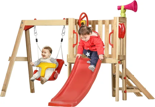 Outsunny Juego de columpios para patio trasero, juego de madera para exteriores con asiento de columpio para bebé, tobogán para niños, fuerte, Rojo