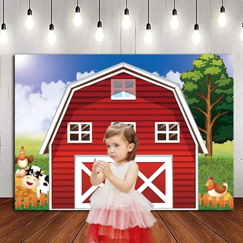 Miniatura 2 de Fondo de fotografía de granja de animales de dibujos animados de 7 x 5 pies, fondo de fotos de granja rústico rojo para baby shower, recién nacidos