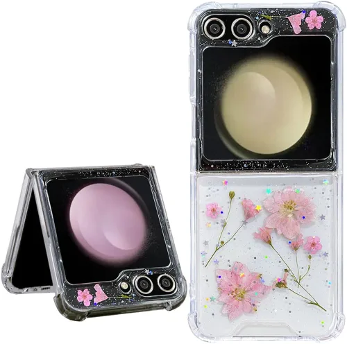 Miniatura 9 de Abbery Funda transparente para Samsung Galaxy Z Flip 3 5G, transparente y con diseño de purpurina bonita con purpurina floral prensada de Rosa
