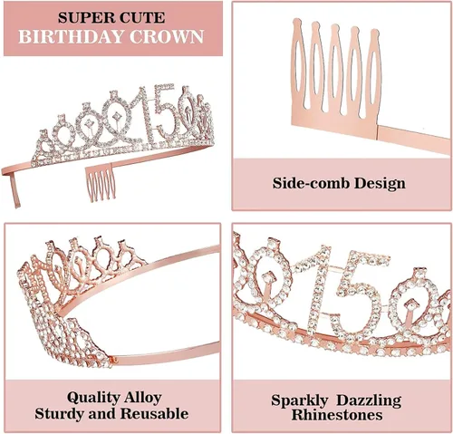 Miniatura 5 de Hysilla Decoraciones de cumpleaños de 15 años - Banda de oro rosa, corona, adorno para pastel, globos, juego de alfileres y velas