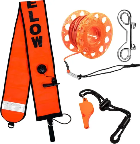 Boya marcador de superficie de buceo de 5 pies (SMB), salchicha de seguridad con carrete de plástico de 98 pies y clip de gancho de doble extremo +
