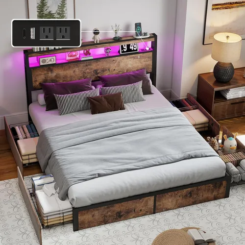 Miniatura 15 de Full Bed Frame with 2-Tier Storage Headboard and 4 Drawers, Metal Platform Bed Frame with LED & Charging Station, No Box Spring Needed/Noise