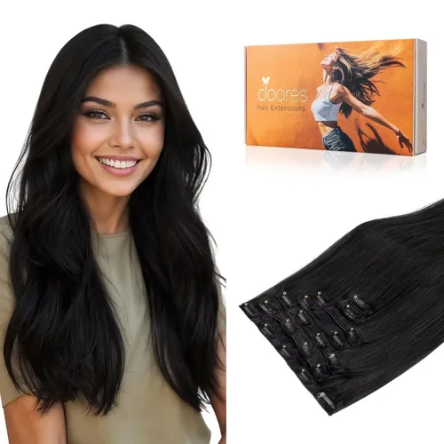 DOORES - Extensiones de cabello humano con clip, color negro azabache de 18 pulgadas, 7 unidades, 120 g, extensiones de cabello humano real Remy