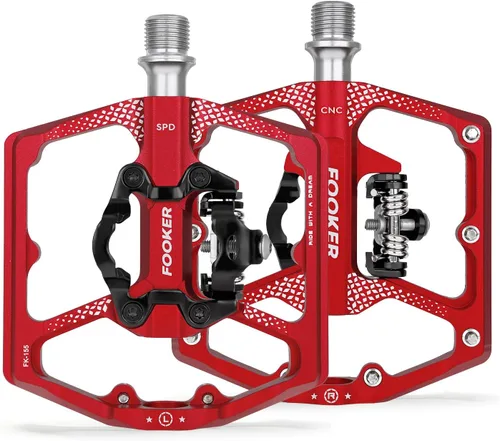 FOOKER Pedales de bicicleta de montaña MTB, doble función plana y pedal, 3 rodamientos sellados plataforma plana compatible con pedal sin clip Rojo