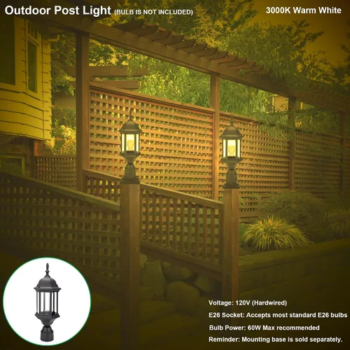Miniatura 6 de LIT-PaTH Farol de poste de iluminación para exteriores, base mediana E26 máx. 60 W, carcasa de aluminio más vidrio, paquete de 2, acabado negro
