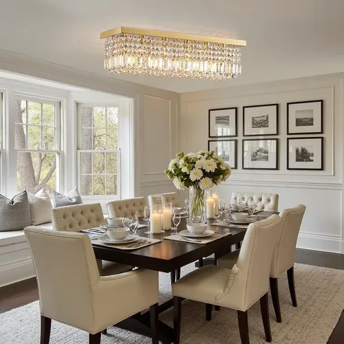 Miniatura 9 de Candelabros Modernos de Cristal para Lámpara de Comedor, Candelabro de Techo Rectangular Dorado de 6 Luces para Isla de Cocina y Sala de Estar