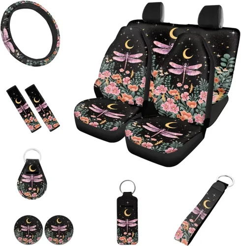 Miniatura 11 de Accesorios estéticos para automóvil, juego completo de fundas de asiento de automóvil con flores bohemias para mujeres, damas, juego de decoración