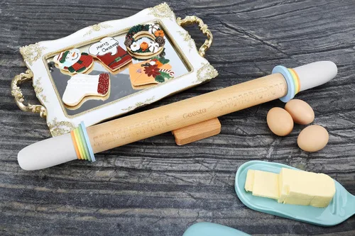 Miniatura 7 de Geesta - Rodillo de madera ajustable con 5 anillos de grosor, mango de rodillo de masa preciso con diseño de prensa y guía de medición para hornear