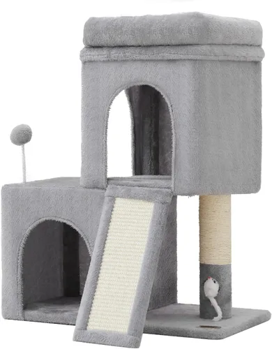 Miniatura 8 de Woochpet Árbol para gatos de 24 pulgadas de alto con 2 condominios para gatos y juguete de ratón, acogedora torre pequeña para gatos con poste