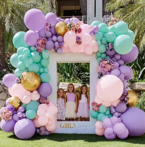 Miniatura 6 de Guirnalda de globos pastel de doble relleno, color rosa, morado, verde, arco de globos colorido, kit de látex metálico dorado para sirena, baby