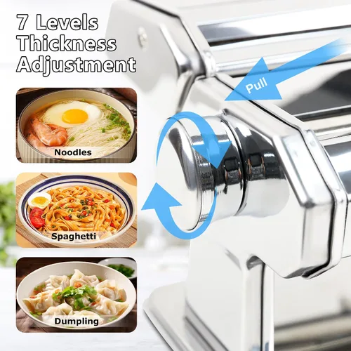 Miniatura 5 de Máquina manual para hacer pasta, 7 ajustes de grosor ajustables, rodillo y cortador de pasta, fabricante de fideos de acero inoxidable con mango