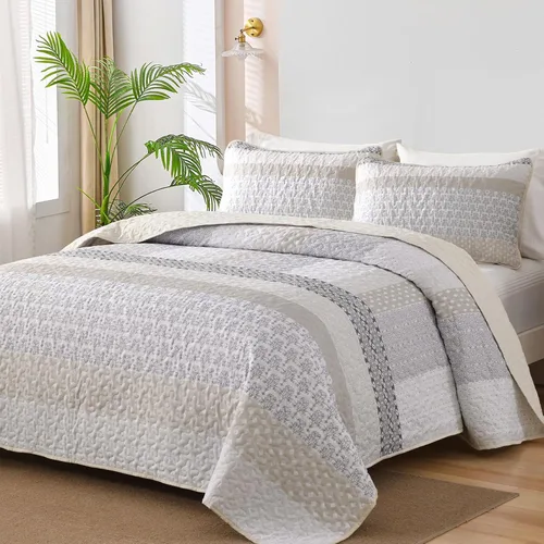 WONGS BEDDING Juego de edredón beige tamaño individual, juego de edredón de rayas bohemias de 3 piezas, juego de colcha acolchada de microfibra