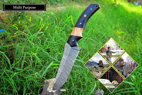 Miniatura 7 de Cuchillo de acero de Damasco hecho a mano para caza, cuchillo de hoja fija para camping, supervivencia y actividades al aire libre, 10 pulgadas