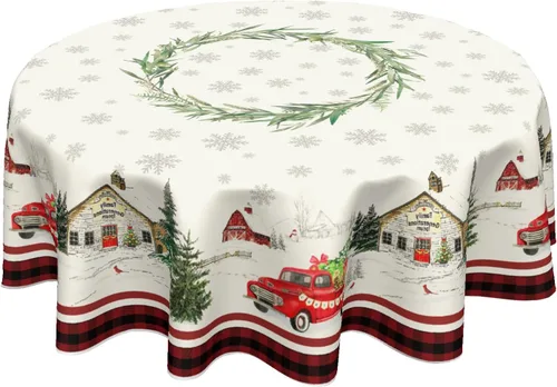 Mantel Redondo de Navidad de 60 Pulgadas, Decoración de Camión de Invierno con Copos de Nieve, Mantel para Exteriores, Árboles de Navidad Rojos,