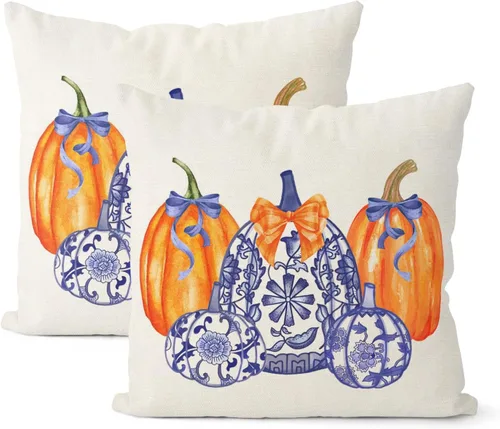 Juego de 2 fundas de almohada de otoño de 16 x 16 pulgadas, diseño de calabaza azul y naranja, decoración de Acción de Gracias, decoración de otoño