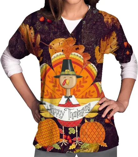 Miniatura 3 de Blusa de manga corta para mujer, cuello en V, transpirable, para Acción de Gracias, uniforme de trabajo