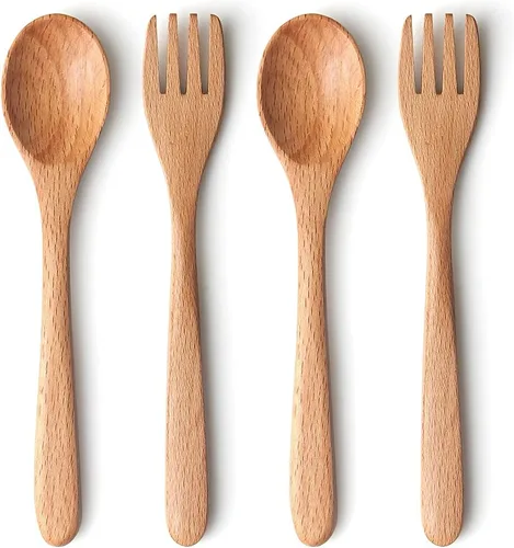 Miniatura 8 de YFWOOD Juego de 4 utensilios de madera natural para niños, tenedores y cucharas para niños, cubiertos seguros para niños pequeños, pulido a mano