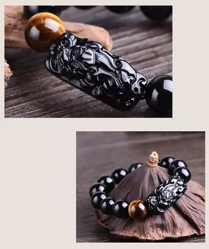 Miniatura 32 de Pulsera de obsidiana negra, pulsera de obsidiana negra Feng Shui para mujeres y hombres, pulsera elástica de obsidiana con piedra de ojo de tigre