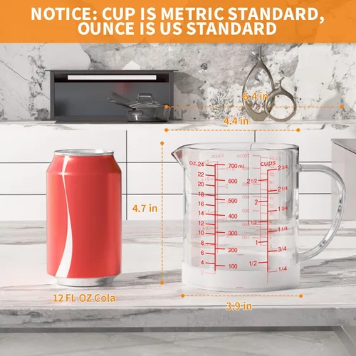 Miniatura 6 de 77L Vaso medidor de vidrio, 2 3/4 tazas/23.7 fl oz, taza medidora con asa y boquilla en forma de V, vaso de vidrio con tres escalas (OZ, taza, ML)