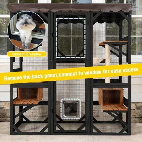 Miniatura 4 de Catio grande de madera para gatos de 70.1 pulgadas, casa para gatos de varios niveles con plataformas, hamaca y poste rascador, panel trasero