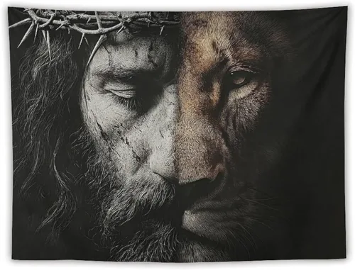 Miniatura 9 de JYOUQOC Tapiz de Jesús y el León para decoración de pared, arte de pared grande, telón de fondo para colgar para dormitorio, sala de estar