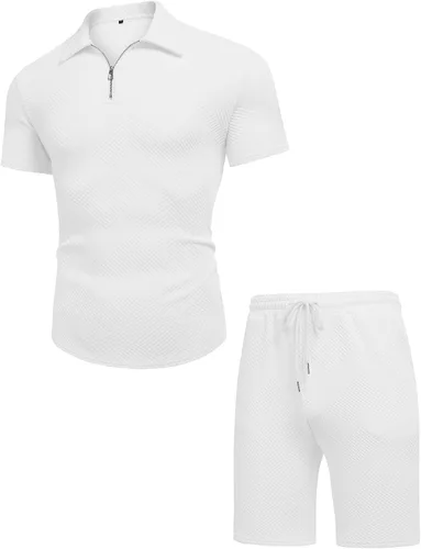 Miniatura 4 de URRU Conjunto de camisa polo y pantalones cortos para hombre, trajes de verano a la moda, casual, manga corta, traje polo para hombre, 2 piezas