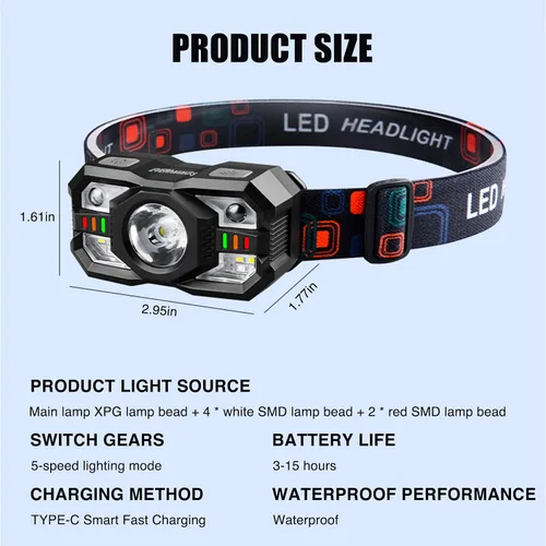 Miniatura 8 de Linterna frontal recargable, 1200 lúmenes súper brillante LED con sensor de movimiento, 10 modos, impermeable, ligera, linterna con luz roja