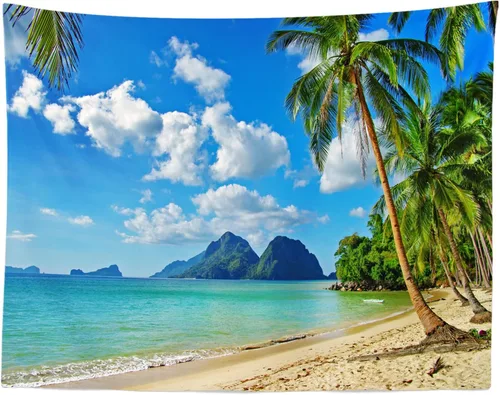 Miniatura 2 de Loccor Tapiz de playa tropical, isla costera, palmeras, olas, tapiz de pared de verano, paraíso hawaiano, paisaje para colgar en la pared, hippie