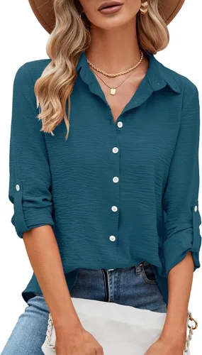 Miniatura 52 de Odosalii - Camisas con botones para mujer, con cuello en V, manga larga, enrolladas, blusas elegantes y formales para negocios y ocasiones casuales