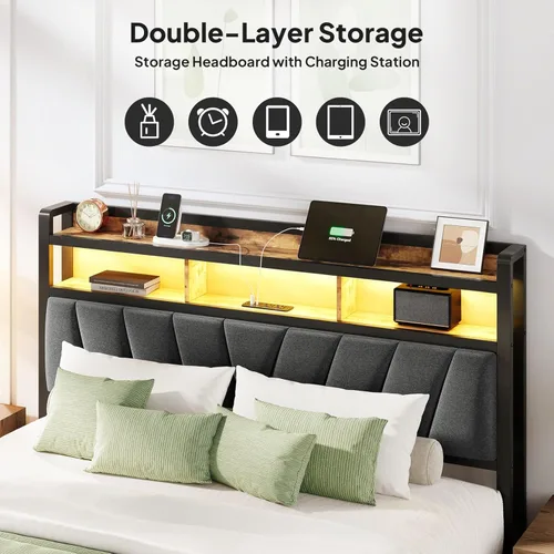Miniatura 3 de Welzona Base de cama de tamaño matrimonial con estación de carga, cama LED con cabecera de almacenamiento tapizada, sólida y estable, sin ruido,