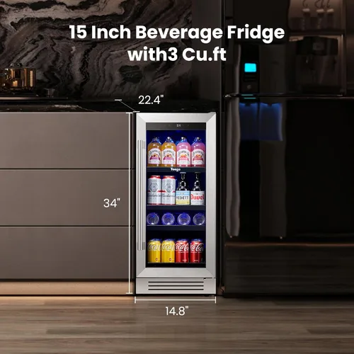Miniatura 7 de Yeego Refrigerador de bebidas – Mini refrigerador de 100 latas de 15 pulgadas con puerta de vidrio, enfriador de bebidas de 34 a 54 ℉, integrado
