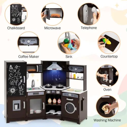 Miniatura 5 de GLACER Cocina de madera de esquina para niños, juego de cocina grande con sonido, luz, pizarra, microondas, máquina de hielo, lavadora, accesorios