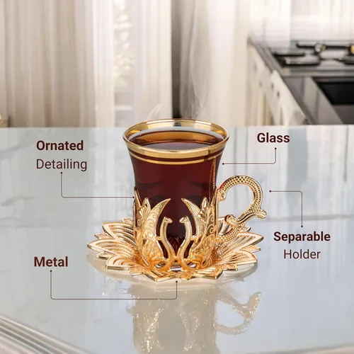 Miniatura 3 de Vasos de té turco vintage hechos a mano con platillo y soportes, tazas otomanas y árabes, juego de 6 para servir a los invitados, té, cena, regalos