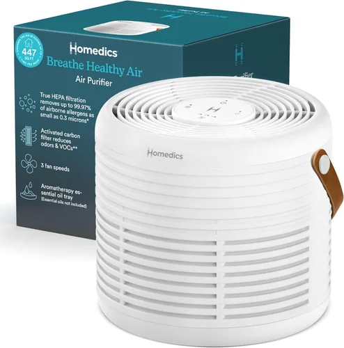 Homedics Purificador de aire con filtro HEPA verdadero para habitaciones medianas de hasta 447 pies cuadrados, elimina el 99.97% de alérgenos,
