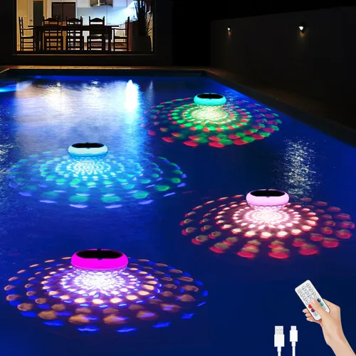 Miniatura 13 de Luces solares para piscina (1 unidad), 2600 mAh USB recargables luces flotantes flotantes de 6.7 pulgadas IP68 impermeable con control remoto, RGB