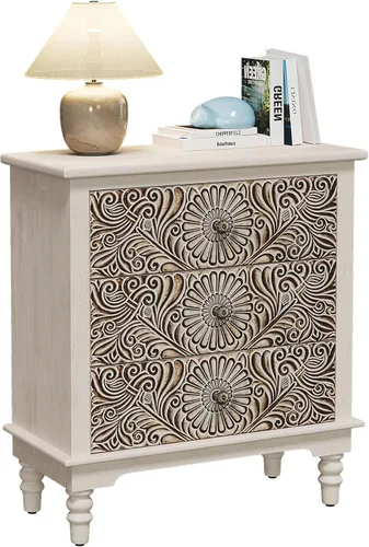 Miniatura 18 de SUNBURY Juego de 2 mesitas de noche vintage, mesa de noche pequeña de madera con cajón y estante abierto, mesa auxiliar de acento shabby para sala